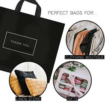 Purple Q Crafts Thank You Bags for Business Black Plastic Bags 50 Pack with Soft Loop Handle Thank You Shopping Bags for Boutique (15"x12")…