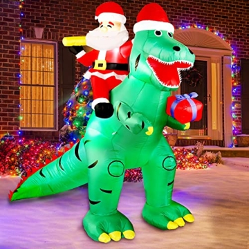 Christmas Inflatable Santa Dinosaur Decorations, LEITAO 7 FT Giant Blow Up LED Light Up Inflate Xmas...