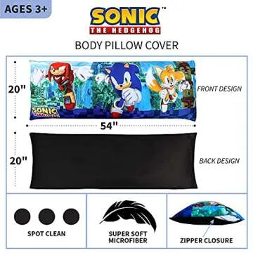 Franco Kids Bedding Super Soft Microfiber Zippered Body Pillow Cover, 54 in x 20 in, Sonic The Hedgehog