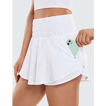 CRZ YOGA Athletic Shorts for Women High Waisted Flowy Ruffle Skirt Overlay for Workout Running Tennis with Zip Pocket White Large