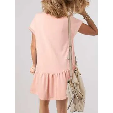 BLENCOT Womens Casual Summer Trendy Crewneck Knit Short Sleeve Tshirt Mini Dresses 2025 Spring Beach Loose Vacation Shift Swing Dress Small Pink