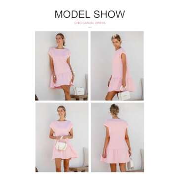 BLENCOT Womens Casual Summer Trendy Crewneck Knit Short Sleeve Tshirt Mini Dresses 2025 Spring Beach Loose Vacation Shift Swing Dress Small Pink