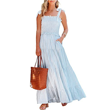 R.Vivimos Women's Summer Cotton Adjustable Straps Boho Stripe Casual Flowy A Line Midi Dress with Po...