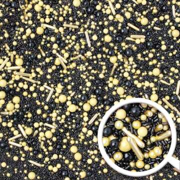 Black Gold Sprinkle Mix| Sprinkles Made In USA By Sprinkle Pop| Colorful Sprinkles With Gold Metallic Dragees| Sprinkles For Decorating Wedding Graduation Christmas New Year Cupcakes Cake Cookies, 2oz