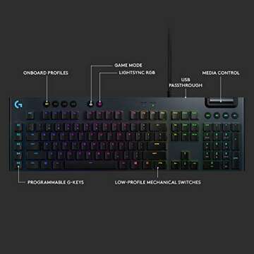 Logitech G815 LIGHTSYNC RGB Mechanical Gaming Keyboard with Low Profile GL Clicky key switch, 5 programmable G-keys, USB Passthrough, dedicated media control - Clicky,Black