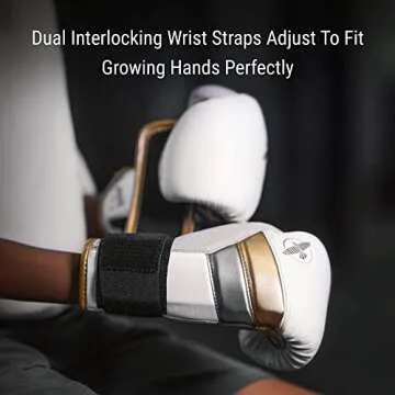 Hayabusa T3 Boxing Gloves for Kids and Teens Wrist and Knuckle Protection, Dual-X Hook and Loop Closure, Splinted Wrist Support, 5 Layer Foam Knuckle Padding - White/Gold, 6oz