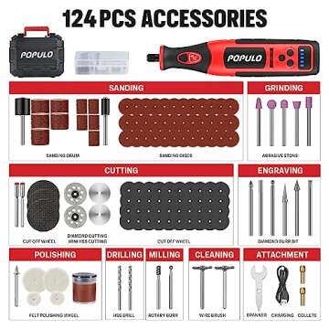 POPULO 8V Cordless Rotary Tool Kit, 5 Variable Speeds, Max Load Speed up to 25000 RPM, Powerful Engraver, Sander, Polisher, 114 Easy Change Accessories and Shield,Craft Tool for Handmade and DIY