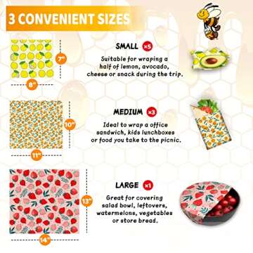 Reusable Beeswax Wrap - 9 Pack Beeswax Wraps For Food, Organic, Sustainable, Biodegradable, Zero Waste, Plastic-Free Food Storage, 1L Strawberry, 3M Orange, 5S Lemon Patterns