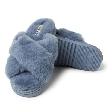 Fireside By Dearfoams Womens Newcastle Crossband All Over Shearling Easy On/Off Slide Slipper, Flintstone, 6 US