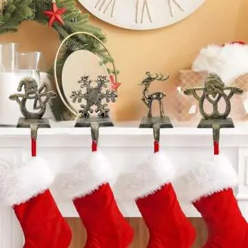 4 Pieces Christmas Stocking Holder Set Reindeer Snowman Santa Snowflake Pattern Christmas Hooks Skid Mantel Hooks Hanger for Fireplace Free Standing Christmas Decorations