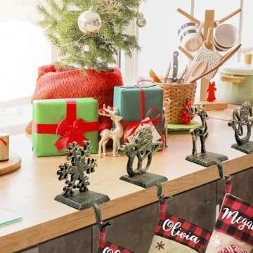 4 Pieces Christmas Stocking Holder Set Reindeer Snowman Santa Snowflake Pattern Christmas Hooks Skid Mantel Hooks Hanger for Fireplace Free Standing Christmas Decorations