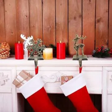 4 Pieces Christmas Stocking Holder Set Reindeer Snowman Santa Snowflake Pattern Christmas Hooks Skid Mantel Hooks Hanger for Fireplace Free Standing Christmas Decorations