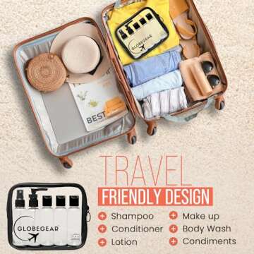 GLOBEGEAR TSA Approved Travel Bottles Leak Proof & Travel Size Containers for Toiletries Travel Kit with TSA Liquids Travel Bag (model GG2)