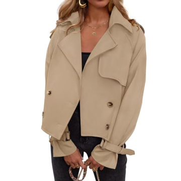 ZESICA Womens Long Sleeve Crop Trench Coat Lapel Double Breasted Loose Casual Jacket with Pockets,Kh...
