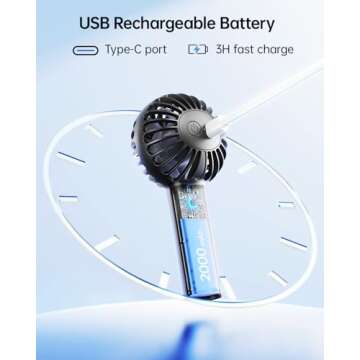 SWEETFULL Mini Portable Fan Powerful Handheld Fan Rechargeable,3 Speeds Personal Small Hand Fan for Travel Makeup Eyelash Fan for Stylish Kids Girls Women USB Cute Design Black