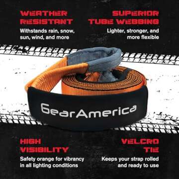 GearAmerica Tow Strap 3" x 8' Heavy Duty Tree Saver Winch Strap 35,053 lbs (17.5 US Tons) Tow Rope Recovery Straps Offroad – Weather Resistant Recovery Rope + Triple Reinforced Loops Towing Strap