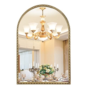 Elegant Arched Wall Mirror - Antique Gold Beaded Frame Decor - Modern Rustic Design