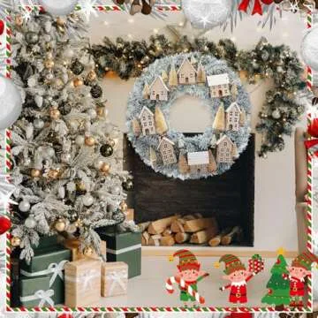 Daifunli Christmas Wreaths for Front Door Xmas Village Wreath Christmas Village Accessories Outside Christmas Wreaths for House Mini Craft Wreaths Winter for Windows, Walls, Xmas Decorations, 20 Inch