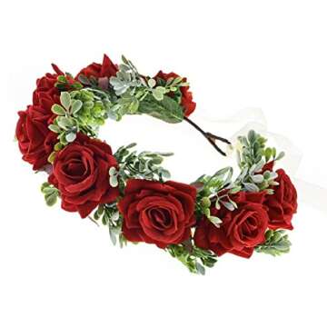 Vividsun Women Flower Crown Floral Headpiece Festival Wedding Hair Wreath Floral Crown (Red)