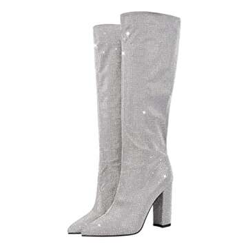 onlymaker Women's Glitter Booties Pointed Toe Chunky High Heel Knee Boots Block Heels Silver Grey size 8