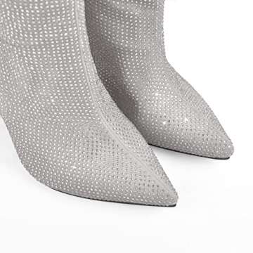 onlymaker Women's Glitter Booties Pointed Toe Chunky High Heel Knee Boots Block Heels Silver Grey size 8