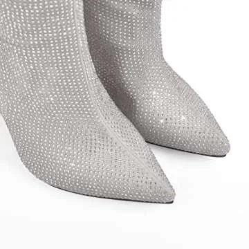 onlymaker Women's Glitter Booties Pointed Toe Chunky High Heel Knee Boots Block Heels Silver Grey size 8