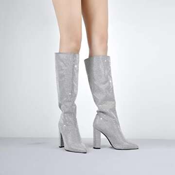onlymaker Women's Glitter Booties Pointed Toe Chunky High Heel Knee Boots Block Heels Silver Grey size 8