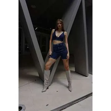 onlymaker Women's Glitter Booties Pointed Toe Chunky High Heel Knee Boots Block Heels Silver Grey size 8