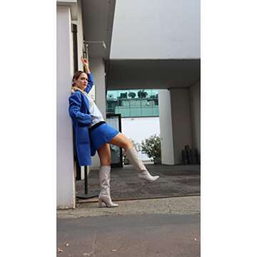 onlymaker Women's Glitter Booties Pointed Toe Chunky High Heel Knee Boots Block Heels Silver Grey size 8