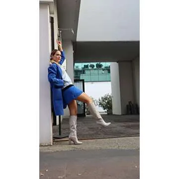 onlymaker Women's Glitter Booties Pointed Toe Chunky High Heel Knee Boots Block Heels Silver Grey size 8