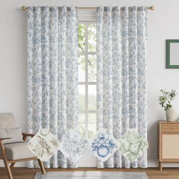jinchan Linen Floral Curtains for Living Room 84 Inch Length Blue Printed Flower French Country Farm...