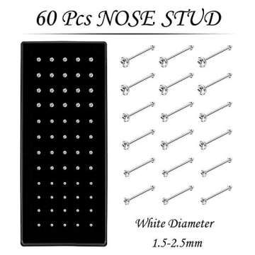 OMAIGAR Nose Rings Studs, Straight Shaped Surgical Stainless Steel Nose Studs White Diamond Rhinesto...