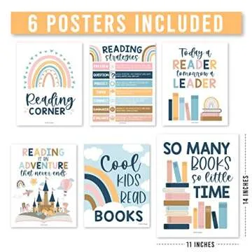 Hadley Designs 6 Boho Reading Posters For Classroom Library Decorations For School, Reading Bulletin Board Sets For Classrooms, Reading Corner Decor For Classroom, Read Poster