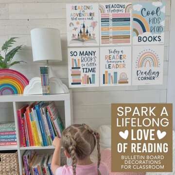 Hadley Designs 6 Boho Reading Posters For Classroom Library Decorations For School, Reading Bulletin Board Sets For Classrooms, Reading Corner Decor For Classroom, Read Poster