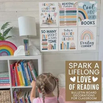 Hadley Designs 6 Boho Reading Posters For Classroom Library Decorations For School, Reading Bulletin Board Sets For Classrooms, Reading Corner Decor For Classroom, Read Poster