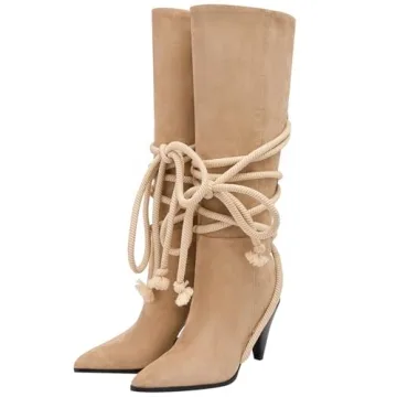 YIYA Women's Beige Wide Calf Suede Knee High Boots Pointed Toe Chunky Heel Lace Up Strappy Dress Lon...