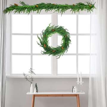 Jutom 6 ft Norfolk Pine Garland Artificial Pine Greenery Garlands with Pine Cones Christmas Norfolk Pine Garland Christmas Garland Cedar Garland Winter Garland for Seasonal Indoor Home Decor (1)