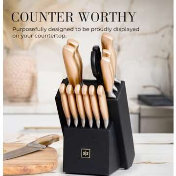 Black and Gold Knife Set for Kitchen with Block – 14-Piece Ultra-Sharp Stainless Steel Knives with Gold Handles and Built-In Sharpener – Stylish Kitchen Accessories for Cooking and Decor