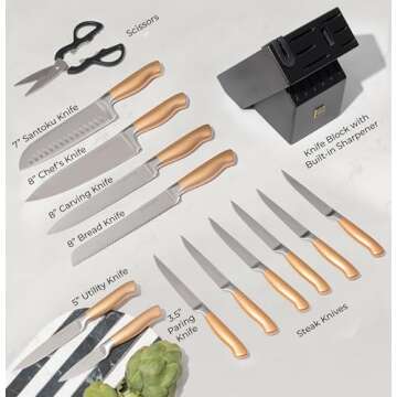 Black and Gold Knife Set for Kitchen with Block – 14-Piece Ultra-Sharp Stainless Steel Knives with Gold Handles and Built-In Sharpener – Stylish Kitchen Accessories for Cooking and Decor