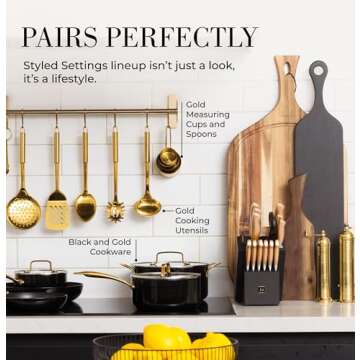 Black and Gold Knife Set for Kitchen with Block – 14-Piece Ultra-Sharp Stainless Steel Knives with Gold Handles and Built-In Sharpener – Stylish Kitchen Accessories for Cooking and Decor