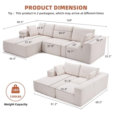 Weture 108” Modular Sectional Sofa, Cloud Couch for Living Room