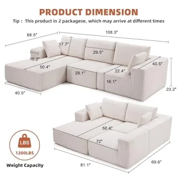 Weture 108” Modular Sectional Sofa, Cloud Couch for Living Room