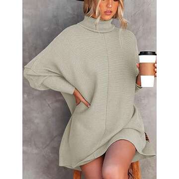 ELGOGY Women Turtleneck Tunic Sweater Long Batwing Sleeve Pullover Sweaters Vintage Soft Fall Winter Knitted Jumper Light Grey L