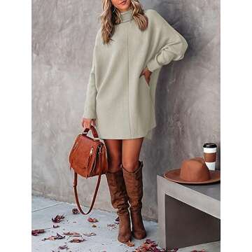 ELGOGY Women Turtleneck Tunic Sweater Long Batwing Sleeve Pullover Sweaters Vintage Soft Fall Winter Knitted Jumper Light Grey L