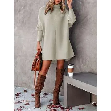 ELGOGY Women Turtleneck Tunic Sweater Long Batwing Sleeve Pullover Sweaters Vintage Soft Fall Winter Knitted Jumper Light Grey L