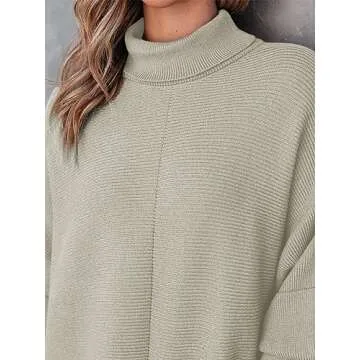 ELGOGY Women Turtleneck Tunic Sweater Long Batwing Sleeve Pullover Sweaters Vintage Soft Fall Winter Knitted Jumper Light Grey L