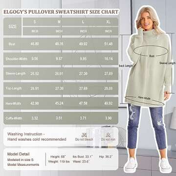 ELGOGY Women Turtleneck Tunic Sweater Long Batwing Sleeve Pullover Sweaters Vintage Soft Fall Winter Knitted Jumper Light Grey L