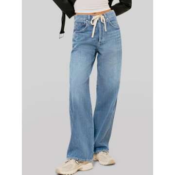 PLNOTME Womens Baggy Wide Leg Jeans Boyfriend Drawstring High Waisted Mom Denim Pants with Pockets Light Blue