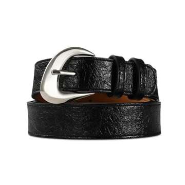 RISANTRY Black Leather Belt for Women Casual Fashion with Stylish Inflated Sliver Buckle Faux Leathe...