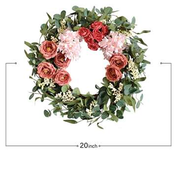 TEMPUS Artificial Pink Peony Wreath 20 inches Front Door Wreath with Hydrangea Green Leaves Wreath?...